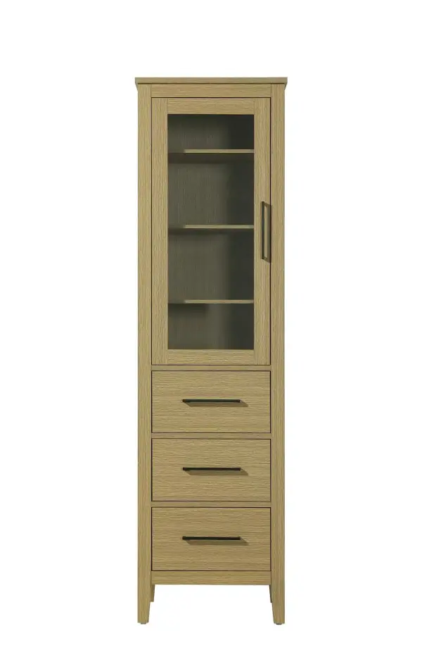 Dimensions
Length: 20"
Width: 18"
Height: 72"
Extension:
Depth:
Table Top Width: 20"
Specifications
Assembly Required: NO
Distressed Finish: NO
Finish (Color): Honey Brown
Cabinet Material: MDF and Solid wood and glass
Hardware Finish: Black
Harware Material: Aluminum alloy
Product Shape: Rectangle
Product Type: Bathroom Storage Cabinet
Product Warranty: 1 year limited
143
Wire Included: No
Wood Type: rubberwood
Shipment type: LTL
Drawers
Drawers Included: YES
Number of Drawers: 3
False Drawers: NO
Drawer Width: 15.375
Drawer Depth: 15.125
Drawer Height: 8.375
Drawer Handle Designs: Bar pull
Shelves
Number of Shelves: 3
Shelf Width: 17.25
Cabinets
Number of Cabinets: 1
Cabinet Interior Width: 15.375
Cabinet Interior Depth: 17.32
Cabinet Interior Height: 35.25