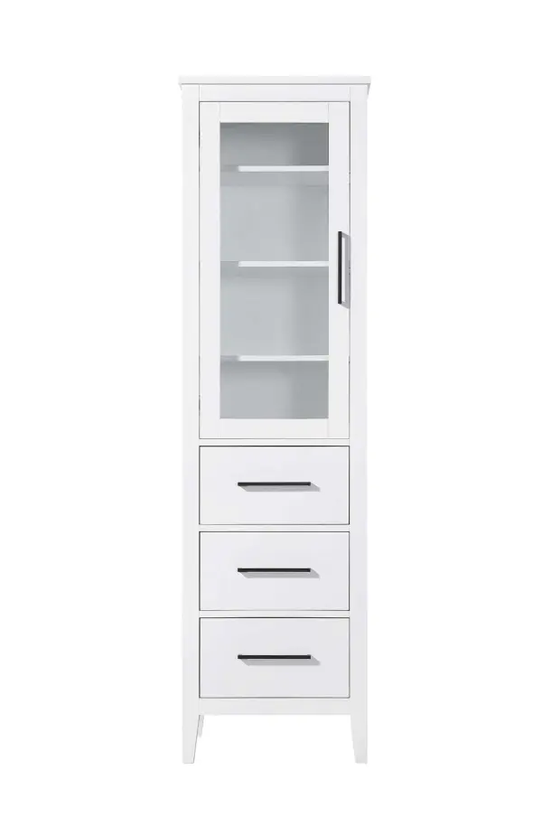 Dimensions
Length: 20"
Width: 18"
Height: 72"
Extension:
Depth:
Table Top Width: 20"
Specifications
Assembly Required: NO
Distressed Finish: NO
Finish (Color): White
Cabinet Material: MDF and Solid wood and glass
Hardware Finish: Black
Harware Material: Aluminum alloy
Product Shape: Rectangle
Product Type: Bathroom Storage Cabinet
Product Warranty: 1 year limited
143
Wire Included: No
Wood Type: rubberwood
Shipment type: LTL
Drawers
Drawers Included: YES
Number of Drawers: 3
False Drawers: NO
Drawer Width: 15.375
Drawer Depth: 15.125
Drawer Height: 8.375
Drawer Handle Designs: Bar pull
Shelves
Number of Shelves: 3
Shelf Width: 17.25
Cabinets
Number of Cabinets: 1
Cabinet Interior Width: 15.375
Cabinet Interior Depth: 17.32
Cabinet Interior Height: 35.25