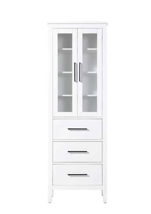 Dimensions
Length: 24"
Width: 18"
Height: 72"
Extension:
Depth:
Table Top Width: 24"
Specifications
Assembly Required: NO
Distressed Finish: NO
Finish (Color): White
Cabinet Material: MDF and Solid wood and glass
Hardware Finish: Black
Harware Material: Aluminum alloy
Product Shape: Rectangle
Product Type: Bathroom Storage Cabinet
Product Warranty: 1 year limited
158
Wire Included: No
Wood Type: rubberwood
Shipment type: LTL
Drawers
Drawers Included: YES
Number of Drawers: 3
False Drawers: NO
Drawer Width: 19.375
Drawer Depth: 15.125
Drawer Height: 8.375
Drawer Handle Designs: Bar pull
Shelves
Number of Shelves: 3
Shelf Width: 21.25
Cabinets
Number of Cabinets: 1
Cabinet Interior Width: 19.375
Cabinet Interior Depth: 17.32
Cabinet Interior Height: 35.25
