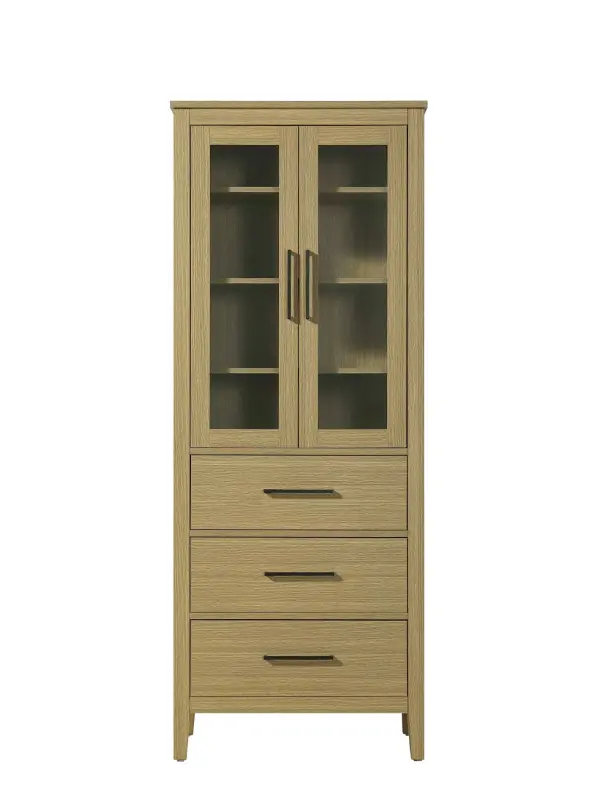 Dimensions
Length: 28"
Width: 18"
Height: 72"
Extension:
Depth:
Table Top Width: 28"
Specifications
Assembly Required: NO
Distressed Finish: NO
Finish (Color): Honey Brown
Cabinet Material: MDF and Solid wood and glass
Hardware Finish: Black
Harware Material: Aluminum alloy
Product Shape: Rectangle
Product Type: Bathroom Storage Cabinet
Product Warranty: 1 year limited
176
Wire Included: No
Wood Type: rubberwood
Shipment type: LTL
Drawers
Drawers Included: YES
Number of Drawers: 3
False Drawers: NO
Drawer Width: 23.375
Drawer Depth: 15.125
Drawer Height: 8.375
Drawer Handle Designs: Bar pull
Shelves
Number of Shelves: 3
Shelf Width: 25.25
Cabinets
Number of Cabinets: 1
Cabinet Interior Width: 23.25
Cabinet Interior Depth: 17.32
Cabinet Interior Height: 35.25
