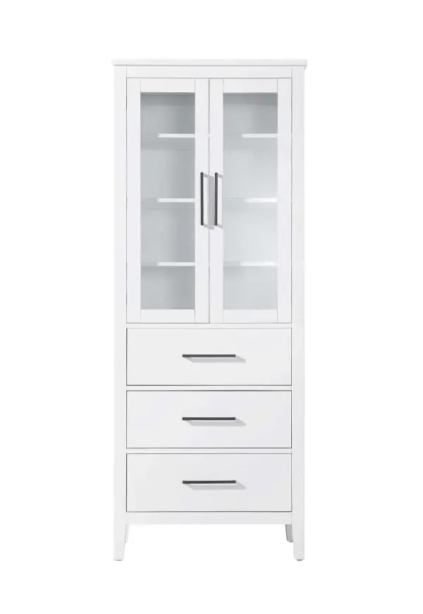 Dimensions
Length: 28"
Width: 18"
Height: 72"
Extension:
Depth:
Table Top Width: 28"
Specifications
Assembly Required: NO
Distressed Finish: NO
Finish (Color): White
Cabinet Material: MDF and Solid wood and glass
Hardware Finish: Black
Harware Material: Aluminum alloy
Product Shape: Rectangle
Product Type: Bathroom Storage Cabinet
Product Warranty: 1 year limited
176
Wire Included: No
Wood Type: rubberwood
Shipment type: LTL
Drawers
Drawers Included: YES
Number of Drawers: 3
False Drawers: NO
Drawer Width: 23.375
Drawer Depth: 15.125
Drawer Height: 8.375
Drawer Handle Designs: Bar pull
Shelves
Number of Shelves: 3
Shelf Width: 25.25
Cabinets
Number of Cabinets: 1
Cabinet Interior Width: 23.25
Cabinet Interior Depth: 17.32
Cabinet Interior Height: 35.25
