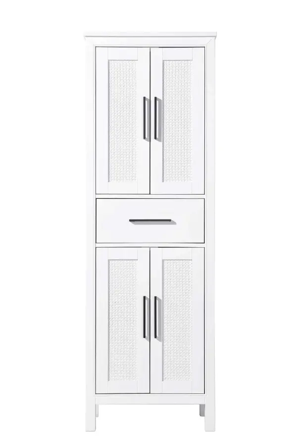 Dimensions
Length: 24"
Width: 18"
Height: 72"
Extension:
Depth:
Table Top Width: 24"
Specifications
Assembly Required: NO
Distressed Finish: NO
Finish (Color): White
Cabinet Material: MDF and Solid wood
Hardware Finish: Black
Harware Material: Aluminum alloy
Product Shape: Rectangle
Product Type: Bathroom Storage Cabinet
Product Warranty: 1 year limited
136
Wire Included: No
Wood Type: rubberwood
Shipment type: LTL
Drawers
Drawers Included: YES
Number of Drawers: 1
False Drawers: NO
Drawer Width: 19.375
Drawer Depth: 15.125
Drawer Height: 7.625
Drawer Handle Designs: Bar pull
Shelves
Number of Shelves: 2
Shelf Width: 21.25
Cabinets
Number of Cabinets: 2
Cabinet Interior Width: 19.375
Cabinet Interior Depth: 17.32
Cabinet Interior Height: 26.875,27.125