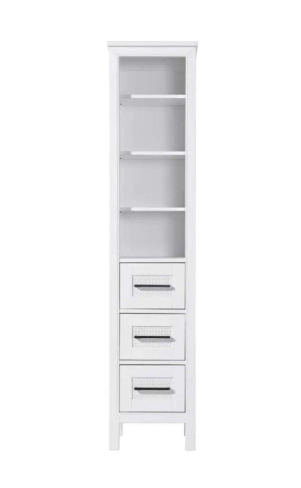 Dimensions
Length: 16"
Width: 18"
Height: 72"
Extension:
Depth:
Table Top Width: 16"
Specifications
Assembly Required: NO
Distressed Finish: NO
Finish (Color): White
Cabinet Material: MDF and Solid wood
Hardware Finish: Black
Harware Material: Aluminum alloy
Product Shape: Rectangle
Product Type: Bathroom Storage Cabinet
Product Warranty: 1 year limited
119
Wire Included: No
Wood Type: rubberwood
Shipment type: LTL
Drawers
Drawers Included: YES
Number of Drawers: 3
False Drawers: NO
Drawer Width: 11.25
Drawer Depth: 15.125
Drawer Height: 8.375
Drawer Handle Designs: Bar pull
Shelves
Number of Shelves: 3
Shelf Width: 13.25
Cabinets
Number of Cabinets: 0
Cabinet Interior Width:
Cabinet Interior Depth:
Cabinet Interior Height: