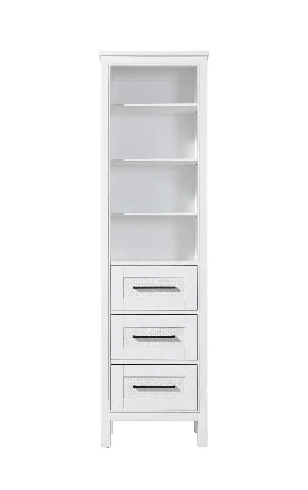 Dimensions
Length: 20"
Width: 18"
Height: 72"
Extension:
Depth:
Table Top Width: 20"
Specifications
Assembly Required: NO
Distressed Finish: NO
Finish (Color): White
Cabinet Material: MDF and Solid wood
Hardware Finish: Black
Harware Material: Aluminum alloy
Product Shape: Rectangle
Product Type: Bathroom Storage Cabinet
Product Warranty: 1 year limited
134
Wire Included: No
Wood Type: rubberwood
Shipment type: LTL
Drawers
Drawers Included: YES
Number of Drawers: 3
False Drawers: NO
Drawer Width: 15.375
Drawer Depth: 15.125
Drawer Height: 8.375
Drawer Handle Designs: Bar pull
Shelves
Number of Shelves: 3
Shelf Width: 17.25
Cabinets
Number of Cabinets: 0
Cabinet Interior Width:
Cabinet Interior Depth:
Cabinet Interior Height: