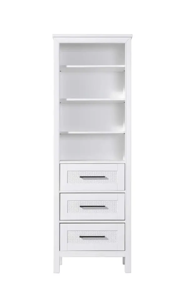 Dimensions
Length: 24"
Width: 18"
Height: 72"
Extension:
Depth:
Table Top Width: 24"
Specifications
Assembly Required: NO
Distressed Finish: NO
Finish (Color): White
Cabinet Material: MDF and Solid wood
Hardware Finish: Black
Harware Material: Aluminum alloy
Product Shape: Rectangle
Product Type: Bathroom Storage Cabinet
Product Warranty: 1 year limited
150
Wire Included: No
Wood Type: rubberwood
Shipment type: LTL
Drawers
Drawers Included: YES
Number of Drawers: 3
False Drawers: NO
Drawer Width: 19.375
Drawer Depth: 15.125
Drawer Height: 8.375
Drawer Handle Designs: Bar pull
Shelves
Number of Shelves: 3
Shelf Width: 21.25
Cabinets
Number of Cabinets: 0
Cabinet Interior Width:
Cabinet Interior Depth:
Cabinet Interior Height: