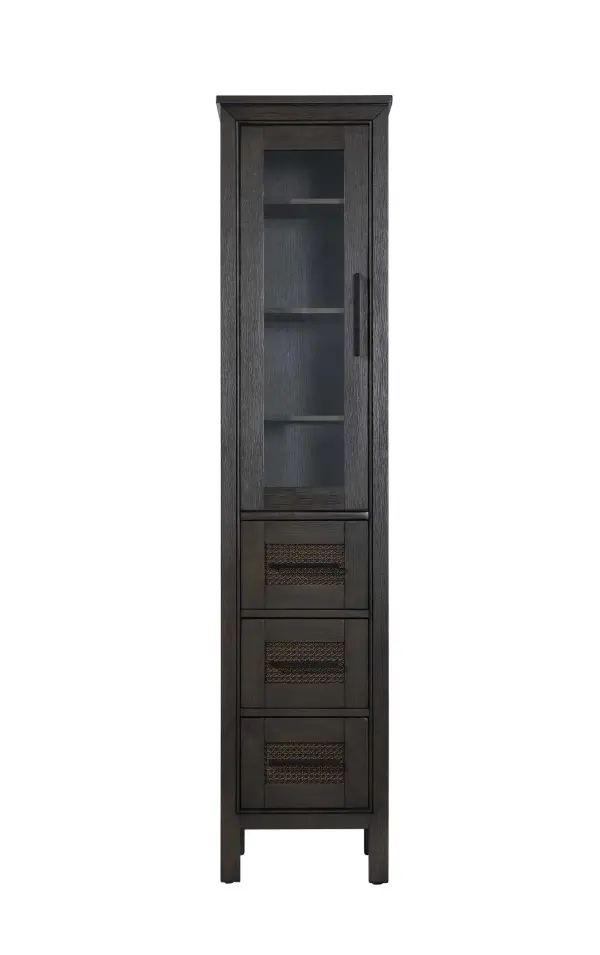Dimensions
Length: 16"
Width: 18"
Height: 72"
Extension:
Depth:
Table Top Width: 16"
Specifications
Assembly Required: NO
Distressed Finish: NO
Finish (Color): Chocolate Oak
Cabinet Material: MDF and Solid wood and glass
Hardware Finish: Black
Harware Material: Aluminum alloy
Product Shape: Rectangle
Product Type: Bathroom Storage Cabinet
Product Warranty: 1 year limited
125
Wire Included: No
Wood Type: rubberwood
Shipment type: LTL
Drawers
Drawers Included: YES
Number of Drawers: 3
False Drawers: NO
Drawer Width: 11.25
Drawer Depth: 15.125
Drawer Height: 8.375
Drawer Handle Designs: Bar pull
Shelves
Number of Shelves: 3
Shelf Width: 13.25
Cabinets
Number of Cabinets: 1
Cabinet Interior Width: 11.25
Cabinet Interior Depth: 17.32
Cabinet Interior Height: 35.5