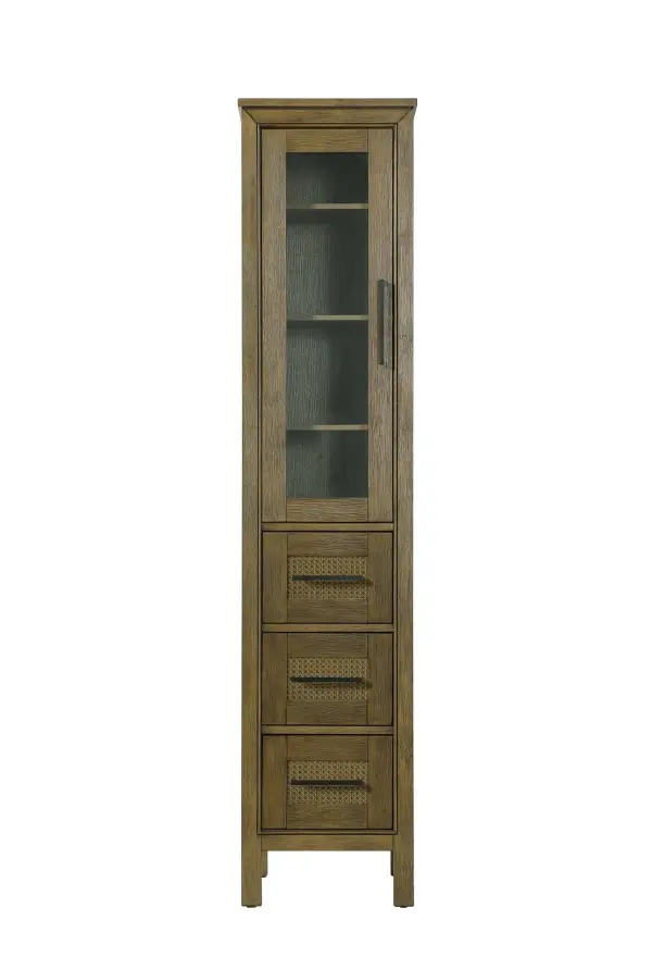 Dimensions
Length: 16"
Width: 18"
Height: 72"
Extension:
Depth:
Table Top Width: 16"
Specifications
Assembly Required: NO
Distressed Finish: NO
Finish (Color): Hazel Oak
Cabinet Material: MDF and Solid wood and glass
Hardware Finish: Black
Harware Material: Aluminum alloy
Product Shape: Rectangle
Product Type: Bathroom Storage Cabinet
Product Warranty: 1 year limited
125
Wire Included: No
Wood Type: rubberwood
Shipment type: LTL
Drawers
Drawers Included: YES
Number of Drawers: 3
False Drawers: NO
Drawer Width: 11.25
Drawer Depth: 15.125
Drawer Height: 8.375
Drawer Handle Designs: Bar pull
Shelves
Number of Shelves: 3
Shelf Width: 13.25
Cabinets
Number of Cabinets: 1
Cabinet Interior Width: 11.25
Cabinet Interior Depth: 17.32
Cabinet Interior Height: 35.5