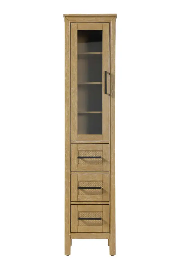Dimensions
Length: 16"
Width: 18"
Height: 72"
Extension:
Depth:
Table Top Width: 16"
Specifications
Assembly Required: NO
Distressed Finish: NO
Finish (Color): Linen oak
Cabinet Material: MDF and Solid wood and glass
Hardware Finish: Black
Harware Material: Aluminum alloy
Product Shape: Rectangle
Product Type: Bathroom Storage Cabinet
Product Warranty: 1 year limited
125
Wire Included: No
Wood Type: rubberwood
Shipment type: LTL
Drawers
Drawers Included: YES
Number of Drawers: 3
False Drawers: NO
Drawer Width: 11.25
Drawer Depth: 15.125
Drawer Height: 8.375
Drawer Handle Designs: Bar pull
Shelves
Number of Shelves: 3
Shelf Width: 13.25
Cabinets
Number of Cabinets: 1
Cabinet Interior Width: 11.25
Cabinet Interior Depth: 17.32
Cabinet Interior Height: 35.5