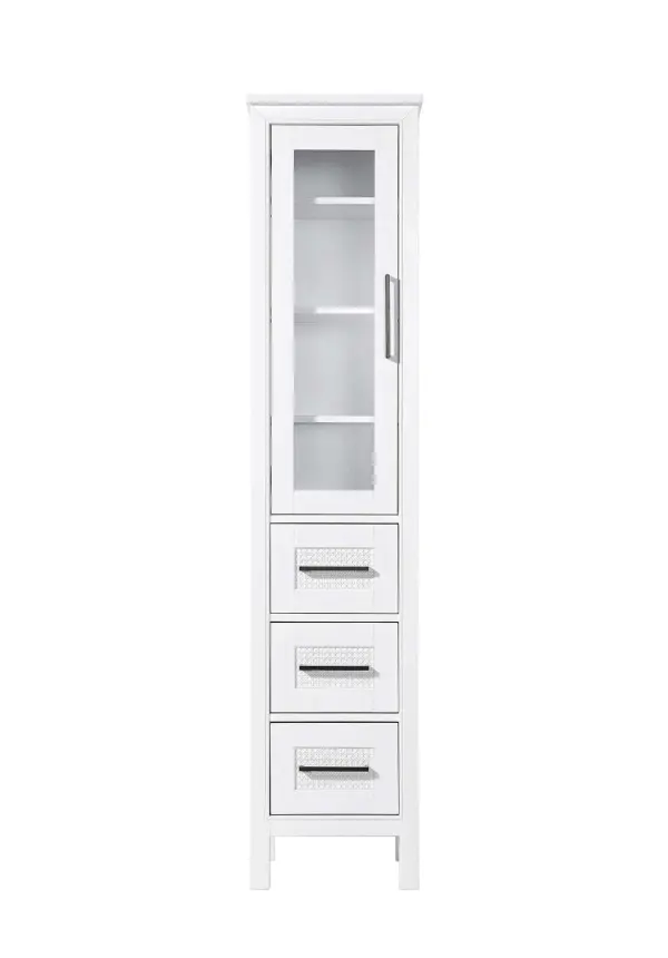 Dimensions
Length: 16"
Width: 18"
Height: 72"
Extension:
Depth:
Table Top Width: 16"
Specifications
Assembly Required: NO
Distressed Finish: NO
Finish (Color): White
Cabinet Material: MDF and Solid wood and glass
Hardware Finish: Black
Harware Material: Aluminum alloy
Product Shape: Rectangle
Product Type: Bathroom Storage Cabinet
Product Warranty: 1 year limited
125
Wire Included: No
Wood Type: rubberwood
Shipment type: LTL
Drawers
Drawers Included: YES
Number of Drawers: 3
False Drawers: NO
Drawer Width: 11.25
Drawer Depth: 15.125
Drawer Height: 8.375
Drawer Handle Designs: Bar pull
Shelves
Number of Shelves: 3
Shelf Width: 13.25
Cabinets
Number of Cabinets: 1
Cabinet Interior Width: 11.25
Cabinet Interior Depth: 17.32
Cabinet Interior Height: 35.5