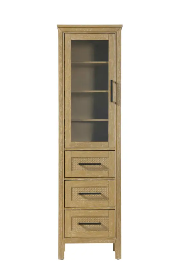 Dimensions
Length: 20"
Width: 18"
Height: 72"
Extension:
Depth:
Table Top Width: 20"
Specifications
Assembly Required: NO
Distressed Finish: NO
Finish (Color): Linen oak
Cabinet Material: MDF and Solid wood and glass
Hardware Finish: Black
Harware Material: Aluminum alloy
Product Shape: Rectangle
Product Type: Bathroom Storage Cabinet
Product Warranty: 1 year limited
143
Wire Included: No
Wood Type: rubberwood
Shipment type: LTL
Drawers
Drawers Included: YES
Number of Drawers: 3
False Drawers: NO
Drawer Width: 15.375
Drawer Depth: 15.125
Drawer Height: 8.375
Drawer Handle Designs: Bar pull
Shelves
Number of Shelves: 3
Shelf Width: 17.25
Cabinets
Number of Cabinets: 1
Cabinet Interior Width: 15.375
Cabinet Interior Depth: 17.32
Cabinet Interior Height: 35.5