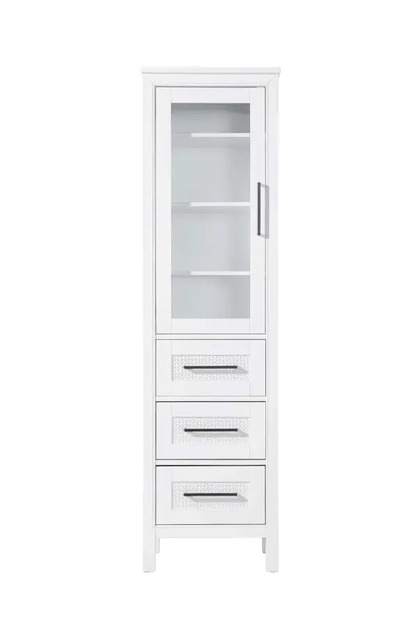 Dimensions
Length: 20"
Width: 18"
Height: 72"
Extension:
Depth:
Table Top Width: 20"
Specifications
Assembly Required: NO
Distressed Finish: NO
Finish (Color): White
Cabinet Material: MDF and Solid wood and glass
Hardware Finish: Black
Harware Material: Aluminum alloy
Product Shape: Rectangle
Product Type: Bathroom Storage Cabinet
Product Warranty: 1 year limited
143
Wire Included: No
Wood Type: rubberwood
Shipment type: LTL
Drawers
Drawers Included: YES
Number of Drawers: 3
False Drawers: NO
Drawer Width: 15.375
Drawer Depth: 15.125
Drawer Height: 8.375
Drawer Handle Designs: Bar pull
Shelves
Number of Shelves: 3
Shelf Width: 17.25
Cabinets
Number of Cabinets: 1
Cabinet Interior Width: 15.375
Cabinet Interior Depth: 17.32
Cabinet Interior Height: 35.5