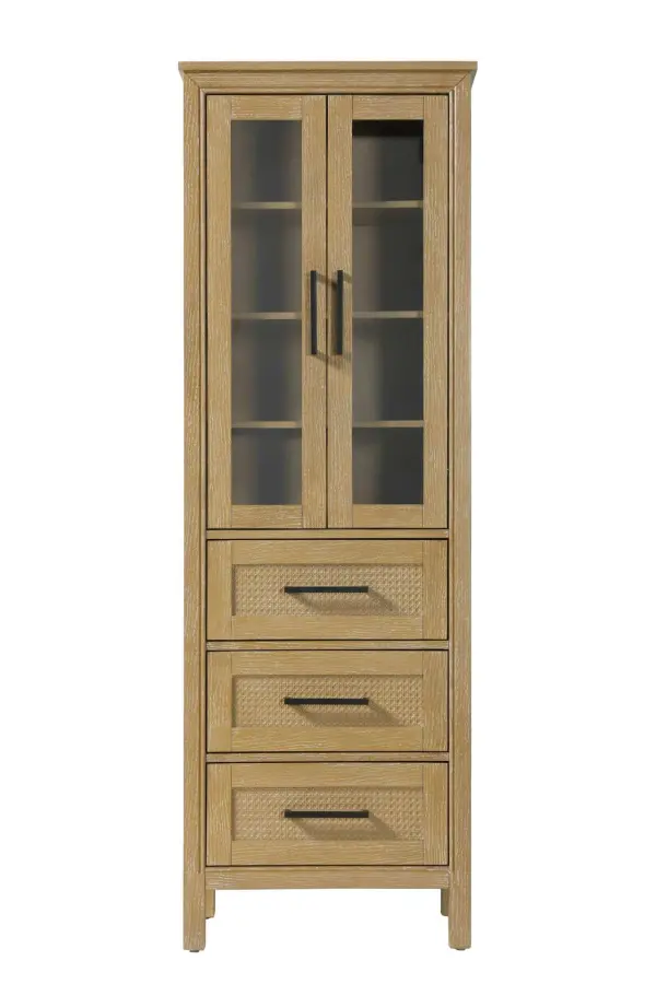 Dimensions
Length: 24"
Width: 18"
Height: 72"
Extension:
Depth:
Table Top Width: 24"
Specifications
Assembly Required: NO
Distressed Finish: NO
Finish (Color): Linen oak
Cabinet Material: MDF and Solid wood and glass
Hardware Finish: Black
Harware Material: Aluminum alloy
Product Shape: Rectangle
Product Type: Bathroom Storage Cabinet
Product Warranty: 1 year limited
158
Wire Included: No
Wood Type: rubberwood
Shipment type: LTL
Drawers
Drawers Included: YES
Number of Drawers: 3
False Drawers: NO
Drawer Width: 19.375
Drawer Depth: 15.125
Drawer Height: 8.375
Drawer Handle Designs: Bar pull
Shelves
Number of Shelves: 3
Shelf Width: 21.25
Cabinets
Number of Cabinets: 1
Cabinet Interior Width: 19.375
Cabinet Interior Depth: 17.32
Cabinet Interior Height: 35.5