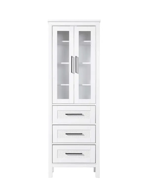 Dimensions
Length: 24"
Width: 18"
Height: 72"
Extension:
Depth:
Table Top Width: 24"
Specifications
Assembly Required: NO
Distressed Finish: NO
Finish (Color): White
Cabinet Material: MDF and Solid wood and glass
Hardware Finish: Black
Harware Material: Aluminum alloy
Product Shape: Rectangle
Product Type: Bathroom Storage Cabinet
Product Warranty: 1 year limited
158
Wire Included: No
Wood Type: rubberwood
Shipment type: LTL
Drawers
Drawers Included: YES
Number of Drawers: 3
False Drawers: NO
Drawer Width: 19.375
Drawer Depth: 15.125
Drawer Height: 8.375
Drawer Handle Designs: Bar pull
Shelves
Number of Shelves: 3
Shelf Width: 21.25
Cabinets
Number of Cabinets: 1
Cabinet Interior Width: 19.375
Cabinet Interior Depth: 17.32
Cabinet Interior Height: 35.5