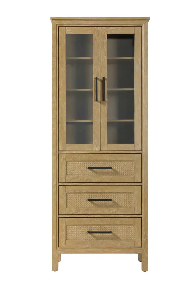 Dimensions
Length: 28"
Width: 18"
Height: 72"
Extension:
Depth:
Table Top Width: 28"
Specifications
Assembly Required: NO
Distressed Finish: NO
Finish (Color): Linen oak
Cabinet Material: MDF and Solid wood and glass
Hardware Finish: Black
Harware Material: Aluminum alloy
Product Shape: Rectangle
Product Type: Bathroom Storage Cabinet
Product Warranty: 1 year limited
176
Wire Included: No
Wood Type: rubberwood
Shipment type: LTL
Drawers
Drawers Included: YES
Number of Drawers: 3
False Drawers: NO
Drawer Width: 23.25
Drawer Depth: 15.125
Drawer Height: 8.375
Drawer Handle Designs: Bar pull
Shelves
Number of Shelves: 3
Shelf Width: 25.25
Cabinets
Number of Cabinets: 1
Cabinet Interior Width: 23.25
Cabinet Interior Depth: 17.32
Cabinet Interior Height: 35.5