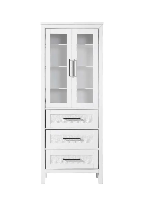 Dimensions
Length: 28"
Width: 18"
Height: 72"
Extension:
Depth:
Table Top Width: 28"
Specifications
Assembly Required: NO
Distressed Finish: NO
Finish (Color): White
Cabinet Material: MDF and Solid wood and glass
Hardware Finish: Black
Harware Material: Aluminum alloy
Product Shape: Rectangle
Product Type: Bathroom Storage Cabinet
Product Warranty: 1 year limited
176
Wire Included: No
Wood Type: rubberwood
Shipment type: LTL
Drawers
Drawers Included: YES
Number of Drawers: 3
False Drawers: NO
Drawer Width: 23.25
Drawer Depth: 15.125
Drawer Height: 8.375
Drawer Handle Designs: Bar pull
Shelves
Number of Shelves: 3
Shelf Width: 25.25
Cabinets
Number of Cabinets: 1
Cabinet Interior Width: 23.25
Cabinet Interior Depth: 17.32
Cabinet Interior Height: 35.5