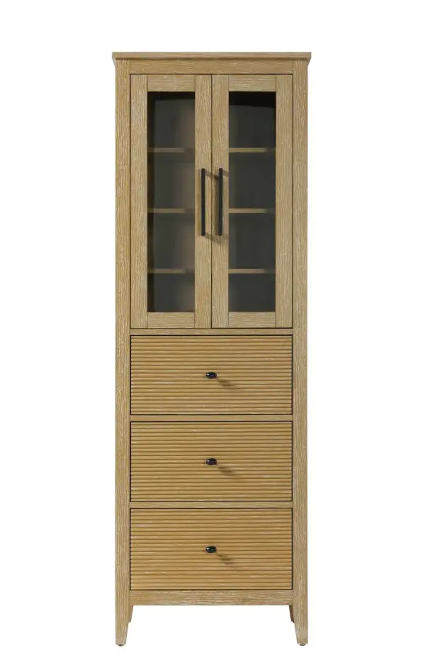 Dimensions
Length: 24"
Width: 18"
Height: 72"
Extension:
Depth:
Table Top Width: 24"
Specifications
Assembly Required: NO
Distressed Finish: NO
Finish (Color): Linen oak
Cabinet Material: MDF and Solid wood and glass
Hardware Finish: Black
Harware Material: Aluminum alloy
Product Shape: Rectangle
Product Type: Bathroom Storage Cabinet
Product Warranty: 1 year limited
158
Wire Included: No
Wood Type: rubberwood
Shipment type: LTL
Drawers
Drawers Included: YES
Number of Drawers: 3
False Drawers: NO
Drawer Width: 19.375
Drawer Depth: 15.125
Drawer Height: 9.75
Drawer Handle Designs: knob
Shelves
Number of Shelves: 3
Shelf Width: 21.25
Cabinets
Number of Cabinets: 1
Cabinet Interior Width: 19.5
Cabinet Interior Depth: 17.32
Cabinet Interior Height: 31.375