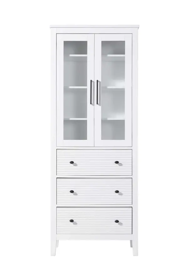 Dimensions
Length: 28"
Width: 18"
Height: 72"
Extension:
Depth:
Table Top Width: 28"
Specifications
Assembly Required: NO
Distressed Finish: NO
Finish (Color): White
Cabinet Material: MDF and Solid wood and glass
Hardware Finish: Black
Harware Material: Aluminum alloy
Product Shape: Rectangle
Product Type: Bathroom Storage Cabinet
Product Warranty: 1 year limited
176
Wire Included: No
Wood Type: rubberwood
Shipment type: LTL
Drawers
Drawers Included: YES
Number of Drawers: 3
False Drawers: NO
Drawer Width: 23.25
Drawer Depth: 15.125
Drawer Height: 9.75
Drawer Handle Designs: knob
Shelves
Number of Shelves: 3
Shelf Width: 25.25
Cabinets
Number of Cabinets: 1
Cabinet Interior Width: 23.5
Cabinet Interior Depth: 17.32
Cabinet Interior Height: 31.375