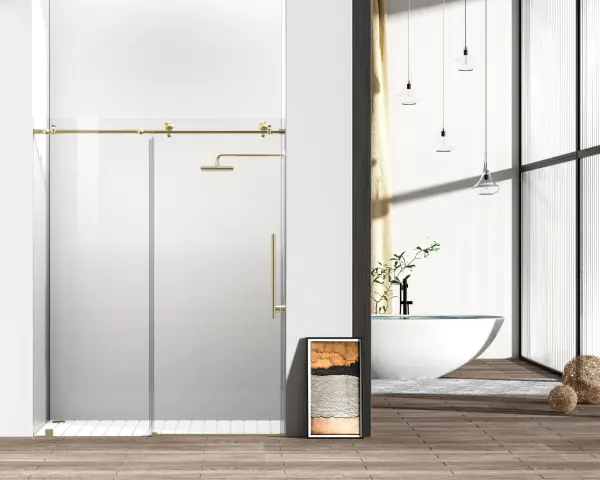 The Raleigh shower door elevates bathroom design with its frameless construction and sophisticated brushed gold hardware. Heavy-duty hinges and tempered glass ensure durability, while full-length seals prevent leaks.