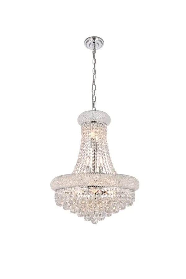 "Primo" means "first" in Italian, and the Primo collection lives up to its name as the top choice in classic, dramatic lighting. The symmetrical bell-shaped design offers variations in Single, double, and triple tiers, with each canopy encrusted with multiple layers of round crystals. Delicate strands of crystals flare out from each canopy, ending in a profusion of crystal octagons and balls in the bottom hemisphere base. Collection: Primo Rooms: Dining room, Living room, Bedroom, Bathroom, Entry Way, Finish: Chrome Crystal: clear Notes: Royal Cut Crystal (Clear) Width: 20.00" Height: 26.00" Length: 20.00" Weight: 50.00 lb Chain: 60"Chrome Wire: 141.73" Clear Canopy: 5.3"x1" Number of Bulbs: 14 Maximum Wattage: 40.00 W Bulb Type: B10 Bulb Base: E12 Dimmable Voltage: 110.00 V Material: Steel and Crystal Country of Origin: China Safety Listing: ETL Safety Rating: UL,ULC Title 20 Title 24 Manufacturer Warranty: 1 year limited