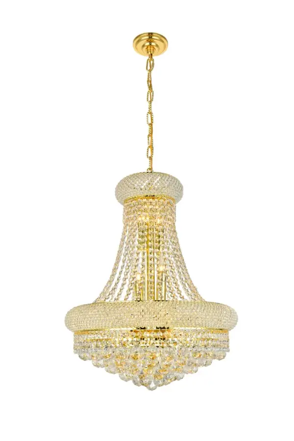 "Primo" means "first" in Italian, and the Primo collection lives up to its name as the top choice in classic, dramatic lighting. The symmetrical bell-shaped design offers variations in Single, double, and triple tiers, with each canopy encrusted with multiple layers of round crystals. Delicate strands of crystals flare out from each canopy, ending in a profusion of crystal octagons and balls in the bottom hemisphere base. Collection: Primo Rooms: Dining room, Living room, Bedroom, Bathroom, Entry Way, Finish: Gold Crystal: clear Notes: Royal Cut Crystal (Clear) Width: 20.00" Height: 26.00" Length: 20.00" Weight: 50.00 lb Chain: 60"Gold Wire: 141.73" Gold Canopy: 5.3"x1" Number of Bulbs: 14 Maximum Wattage: 40.00 W Bulb Type: B10 Bulb Base: E12 Dimmable Voltage: 110.00 V Material: Steel and Crystal Country of Origin: China Safety Listing: ETL Safety Rating: UL,ULC Title 20 Title 24 Manufacturer Warranty: 1 year limited