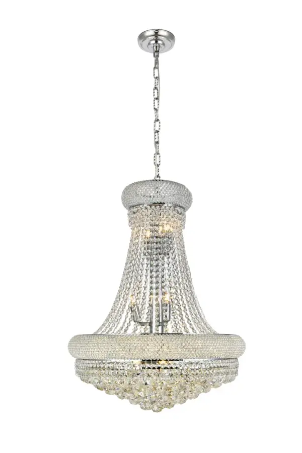"Primo" means "first" in Italian, and the Primo collection lives up to its name as the top choice in classic, dramatic lighting. The symmetrical bell-shaped design offers variations in Single, double, and triple tiers, with each canopy encrusted with multiple layers of round crystals. Delicate strands of crystals flare out from each canopy, ending in a profusion of crystal octagons and balls in the bottom hemisphere base. Collection: Primo Rooms: Dining room, Living room, Bedroom, Bathroom, Entry Way, Finish: Chrome Crystal: clear Notes: Royal Cut Crystal (Clear) Width: 24.00" Height: 32.00" Length: 24.00" Weight: 70.00 lb Chain: 60"Chrome Wire: 141.73" Clear Canopy: 5.3"x1" Number of Bulbs: 14 Maximum Wattage: 40.00 W Bulb Type: B10 Bulb Base: E12 Dimmable Voltage: 110.00 V Material: Steel and Crystal Country of Origin: China Safety Listing: ETL Safety Rating: UL,ULC Title 20 Title 24 Manufacturer Warranty: 1 year limited