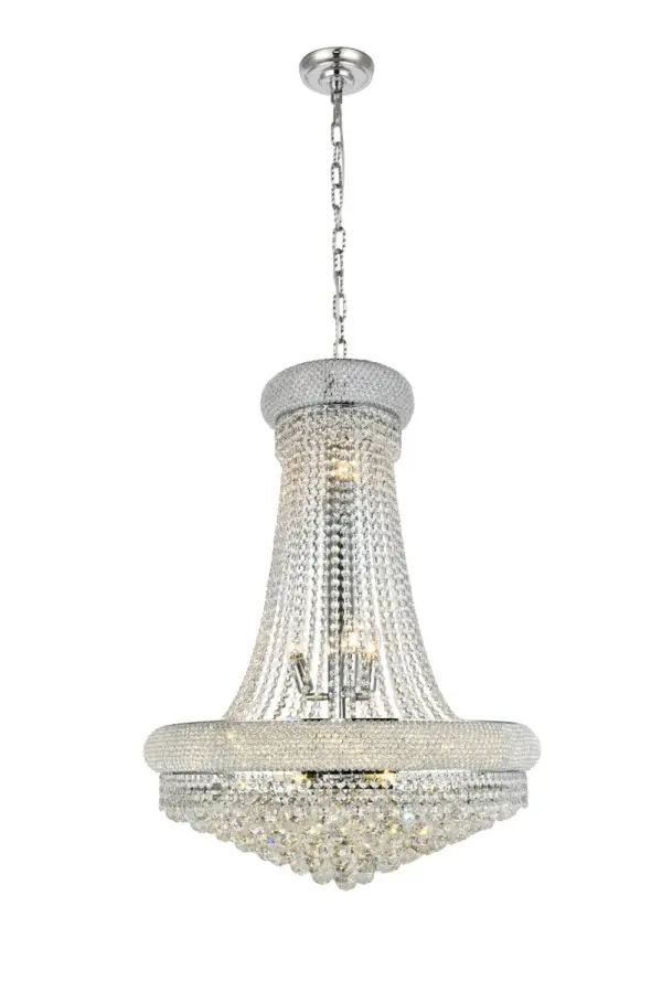 "Primo" means "first" in Italian, and the Primo collection lives up to its name as the top choice in classic, dramatic lighting. The symmetrical bell-shaped design offers variations in Single, double, and triple tiers, with each canopy encrusted with multiple layers of round crystals. Delicate strands of crystals flare out from each canopy, ending in a profusion of crystal octagons and balls in the bottom hemisphere base. Collection: Primo Rooms: Dining room, Living room, Bedroom, Bathroom, Entry Way, Finish: Chrome Crystal: clear Notes: Royal Cut Crystal (Clear) Width: 28.00" Height: 36.00" Length: 28.00" Weight: 86.00 lb Chain: 60"Chrome Wire: 141.73" Clear Canopy: 5.3"x1" Number of Bulbs: 14 Maximum Wattage: 40.00 W Bulb Type: B10 Bulb Base: E12 Dimmable Voltage: 110.00 V Material: Steel and Crystal Country of Origin: China Safety Listing: ETL Safety Rating: UL,ULC Title 20 Title 24 Manufacturer Warranty: 1 year limited