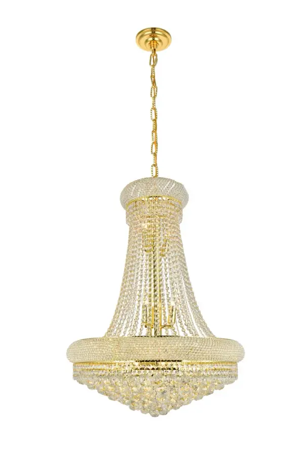 "Primo" means "first" in Italian, and the Primo collection lives up to its name as the top choice in classic, dramatic lighting. The symmetrical bell-shaped design offers variations in Single, double, and triple tiers, with each canopy encrusted with multiple layers of round crystals. Delicate strands of crystals flare out from each canopy, ending in a profusion of crystal octagons and balls in the bottom hemisphere base. Collection: Primo Rooms: Dining room, Living room, Bedroom, Bathroom, Entry Way, Finish: Gold Crystal: clear Notes: Royal Cut Crystal (Clear) Width: 28.00" Height: 36.00" Length: 28.00" Weight: 86.00 lb Chain: 60"Gold Wire: 141.73" Gold Canopy: 5.3"x1" Number of Bulbs: 14 Maximum Wattage: 40.00 W Bulb Type: B10 Bulb Base: E12 Dimmable Voltage: 110.00 V Material: Steel and Crystal Country of Origin: China Safety Listing: ETL Safety Rating: UL,ULC Title 20 Title 24 Manufacturer Warranty: 1 year limited
