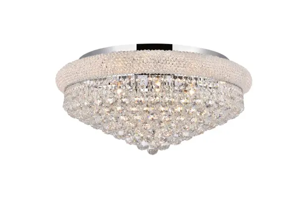 "Primo" means "first" in Italian, and Primo flush-mount fixtures are not only a top choice in elegant, dramatic lighting, they give you many choices in designs. Round and oblong frames in chrome or gold finishes are encircled at the top by a ring that's saturated in crystals. The body of the frame is covered with a profusion of crystals in an array of shapes, - forming layer after layer of shimmering brilliance. Collection: Primo Rooms: Dining room, Living room, Bedroom, Bathroom, Entry Way, Finish: Chrome Crystal: clear Notes: Royal Cut Crystal (Clear) Width: 28.00" Height: 13.00" Length: 28.00" Weight: 77.00 lb Wire: 19.68" Canopy: 21.65"x0.98" Number of Bulbs: 15 Maximum Wattage: 40.00 W Bulb Type: B10 Bulb Base: E12 Dimmable Voltage: 110.00 V Material: Steel Country of Origin: China Safety Listing: ETL Safety Rating: UL,ULC Manufacturer Warranty: 1 year limited