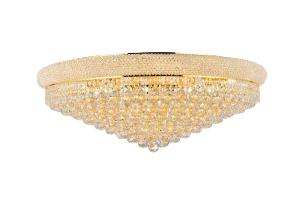 "Primo" means "first" in Italian, and Primo flush-mount fixtures are not only a top choice in elegant, dramatic lighting, they give you many choices in designs. Round and oblong frames in chrome or gold finishes are encircled at the top by a ring that's saturated in crystals. The body of the frame is covered with a profusion of crystals in an array of shapes, - forming layer after layer of shimmering brilliance. Collection: Primo Rooms: Dining room, Living room, Bedroom, Bathroom, Entry Way, Finish: Gold Crystal: clear Notes: Royal Cut Crystal (Clear) Width: 36.00" Height: 14.00" Length: 36.00" Weight: 116.00 lb Wire: 19.68" Canopy: 27.55"x0.98" Number of Bulbs: 20 Maximum Wattage: 40.00 W Bulb Type: B10 Bulb Base: E12 Dimmable Voltage: 110.00 V Material: Steel Country of Origin: China Safety Listing: ETL Safety Rating: UL,ULC Manufacturer Warranty: 1 year limited