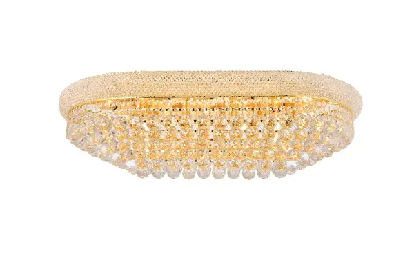"Primo" means "first" in Italian, and Primo flush-mount fixtures are not only a top choice in elegant, dramatic lighting, they give you many choices in designs. Round and oblong frames in chrome or gold finishes are encircled at the top by a ring that's saturated in crystals. The body of the frame is covered with a profusion of crystals in an array of shapes, - forming layer after layer of shimmering brilliance. Collection: Primo Rooms: Dining room, Living room, Bedroom, Bathroom, Entry Way, Finish: Gold Crystal: clear Notes: Royal Cut Crystal (Clear) Width: 20.00" Height: 12.00" Length: 36.00" Weight: 80.00 lb Wire: 11.81" Canopy: 14.01"x0.98"x33.46" Number of Bulbs: 18 Maximum Wattage: 40.00 W Bulb Type: B10 Bulb Base: E12 Dimmable Voltage: 110.00 V Material: Steel Country of Origin: China Safety Listing: ETL Safety Rating: UL,ULC Manufacturer Warranty: 1 year limited