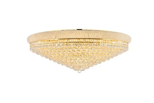"Primo" means "first" in Italian, and Primo flush-mount fixtures are not only a top choice in elegant, dramatic lighting, they give you many choices in designs. Round and oblong frames in chrome or gold finishes are encircled at the top by a ring that's saturated in crystals. The body of the frame is covered with a profusion of crystals in an array of shapes, - forming layer after layer of shimmering brilliance. Collection: Primo Rooms: Dining room, Living room, Bedroom, Bathroom, Entry Way, Finish: Gold Crystal: clear Notes: Royal Cut Crystal (Clear) Width: 42.00" Height: 14.50" Length: 42.00" Weight: 161.00 lb Wire: 19.68" Canopy: 33.46"x0.98" Number of Bulbs: 30 Maximum Wattage: 40.00 W Bulb Type: B10 Bulb Base: E12 Dimmable Voltage: 110.00 V Material: Steel Country of Origin: China Safety Listing: ETL Safety Rating: UL,ULC Manufacturer Warranty: 1 year limited