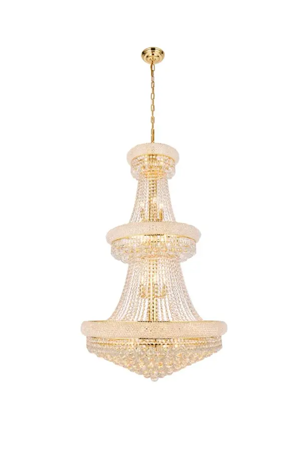 "Primo" means "first" in Italian, and the Primo collection lives up to its name as the top choice in classic, dramatic lighting. The symmetrical bell-shaped design offers variations in Single, double, and triple tiers, with each canopy encrusted with multiple layers of round crystals. Delicate strands of crystals flare out from each canopy, ending in a profusion of crystal octagons and balls in the bottom hemisphere base. Collection: Primo Rooms: Dining room, Living room, Bedroom, Bathroom, Entry Way, Finish: Gold Crystal: clear Notes: Royal Cut Crystal (Clear) Width: 30.00" Height: 50.00" Length: 30.00" Weight: 98.00 lb Chain: 60"Gold Wire: 141.73" Gold Canopy: 5.9"x1.5" Number of Bulbs: 32 Maximum Wattage: 40.00 W Bulb Type: B10 Bulb Base: E12 Dimmable Voltage: 110.00 V Material: Steel and Crystal Country of Origin: China Safety Listing: ETL Safety Rating: UL,ULC Title 20 Title 24 Manufacturer Warranty: 1 year limited
