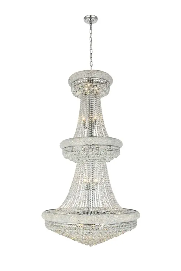 "Primo" means "first" in Italian, and the Primo collection lives up to its name as the top choice in classic, dramatic lighting. The symmetrical bell-shaped design offers variations in Single, double, and triple tiers, with each canopy encrusted with multiple layers of round crystals. Delicate strands of crystals flare out from each canopy, ending in a profusion of crystal octagons and balls in the bottom hemisphere base. Collection: Primo Rooms: Dining room, Living room, Bedroom, Bathroom, Entry Way, Finish: Chrome Crystal: clear Notes: Royal Cut Crystal (Clear) Width: 36.00" Height: 66.00" Length: 36.00" Weight: 182.00 lb Chain: 60"Chrome Wire: 141.73" Clear Canopy: 5.9"x1.5" Number of Bulbs: 32 Maximum Wattage: 40.00 W Bulb Type: B10 Bulb Base: E12 Dimmable Voltage: 110.00 V Material: Steel and Crystal Country of Origin: China Safety Listing: ETL Safety Rating: UL,ULC Title 20 Title 24 Manufacturer Warranty: 1 year limited