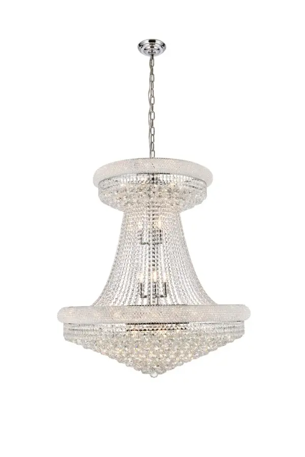 "Primo" means "first" in Italian, and the Primo collection lives up to its name as the top choice in classic, dramatic lighting. The symmetrical bell-shaped design offers variations in Single, double, and triple tiers, with each canopy encrusted with multiple layers of round crystals. Delicate strands of crystals flare out from each canopy, ending in a profusion of crystal octagons and balls in the bottom hemisphere base. Collection: Primo Rooms: Dining room, Living room, Bedroom, Bathroom, Entry Way, Finish: Chrome Crystal: clear Notes: Royal Cut Crystal (Clear) Width: 36.00" Height: 43.00" Length: 36.00" Weight: 171.00 lb Chain: 60"Chrome Wire: 141.73" Clear Canopy: 5.9"x1.5" Number of Bulbs: 28 Maximum Wattage: 40.00 W Bulb Type: B10 Bulb Base: E12 Dimmable Voltage: 110.00 V Material: Steel and Crystal Country of Origin: China Safety Listing: ETL Safety Rating: UL,ULC Title 20 Title 24 Manufacturer Warranty: 1 year limited