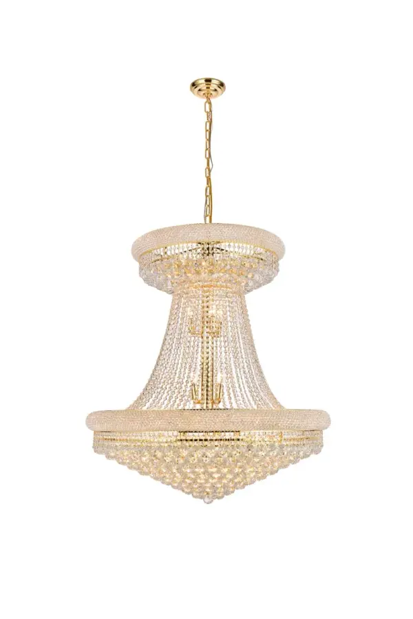"Primo" means "first" in Italian, and the Primo collection lives up to its name as the top choice in classic, dramatic lighting. The symmetrical bell-shaped design offers variations in Single, double, and triple tiers, with each canopy encrusted with multiple layers of round crystals. Delicate strands of crystals flare out from each canopy, ending in a profusion of crystal octagons and balls in the bottom hemisphere base. Collection: Primo Rooms: Dining room, Living room, Bedroom, Bathroom, Entry Way, Finish: Gold Crystal: clear Notes: Royal Cut Crystal (Clear) Width: 36.00" Height: 43.00" Length: 36.00" Weight: 171.00 lb Chain: 60"Gold Wire: 141.73" Gold Canopy: 5.9"x1.5" Number of Bulbs: 28 Maximum Wattage: 40.00 W Bulb Type: B10 Bulb Base: E12 Dimmable Voltage: 110.00 V Material: Steel and Crystal Country of Origin: China Safety Listing: ETL Safety Rating: UL,ULC Title 20 Title 24 Manufacturer Warranty: 1 year limited