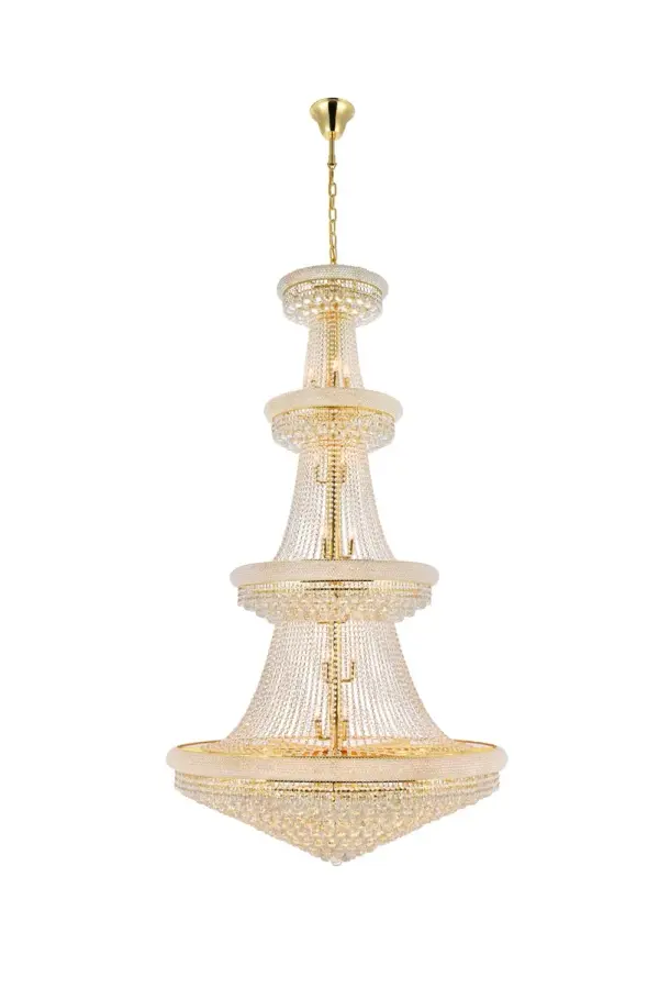 "Primo" means "first" in Italian, and the Primo collection lives up to its name as the top choice in classic, dramatic lighting. The symmetrical bell-shaped design offers variations in Single, double, and triple tiers, with each canopy encrusted with multiple layers of round crystals. Delicate strands of crystals flare out from each canopy, ending in a profusion of crystal octagons and balls in the bottom hemisphere base. Collection: Primo Rooms: Dining room, Living room, Bedroom, Bathroom, Entry Way, Finish: Gold Crystal: clear Notes: Royal Cut Crystal (Clear) Width: 48.00" Height: 86.00" Length: 48.00" Weight: 351.00 lb Chain: 60"Gold Wire: 141.73" Gold Canopy: 7"x5.1" Number of Bulbs: 42 Maximum Wattage: 40.00 W Bulb Type: B10 Bulb Base: E12 Dimmable Voltage: 110.00 V Material: Steel and Crystal Country of Origin: China Safety Listing: ETL Safety Rating: UL,ULC Title 20 Title 24 Manufacturer Warranty: 1 year limited