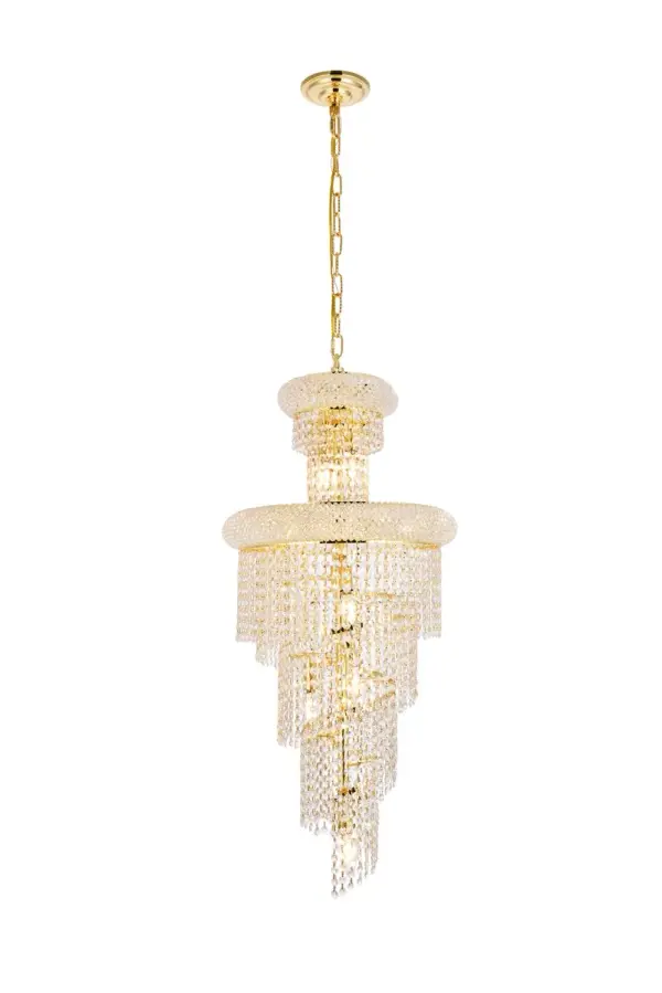 Mesmerizing crystals cascade in a waterfall of glamorous light in the Spiral collection. The magnificent chrome- or gold-spiraled frame is adorned with shimmering elegant-cut, royal-cut, Swarovski Spectra, or Swarovski Elements crystal strands. Bring glistening light to your foyer, living room, or dining room with a Spiral hanging fixture. Collection: Spiral Rooms: Dining room, Living room, Bedroom, Bathroom, Entry Way, Finish: Gold Crystal: clear Notes: Royal Cut Crystal (Clear) Width: 16.00" Height: 36.00" Length: 16.00" Weight: 25.00 lb Chain: 60"Gold Wire: 141.73" Gold Canopy: 5.3"x1" Number of Bulbs: 10 Maximum Wattage: 40.00 W Bulb Type: B10 Bulb Base: E12 Dimmable Voltage: 110.00 V Material: Steel and Crystal Country of Origin: China Safety Listing: ETL Safety Rating: UL,ULC Title 20 Title 24 Manufacturer Warranty: 1 year limited