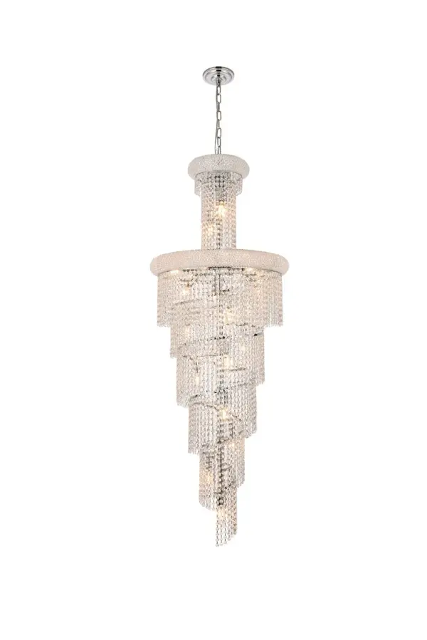 Mesmerizing crystals cascade in a waterfall of glamorous light in the Spiral collection. The magnificent chrome- or gold-spiraled frame is adorned with shimmering elegant-cut, royal-cut, Swarovski Spectra, or Swarovski Elements crystal strands. Bring glistening light to your foyer, living room, or dining room with a Spiral hanging fixture. Collection: Spiral Rooms: Dining room, Living room, Bedroom, Bathroom, Entry Way, Finish: Chrome Crystal: clear Notes: Royal Cut Crystal (Clear) Width: 21.00" Height: 60.00" Length: 21.00" Weight: 47.00 lb Chain: 60"Chrome Wire: 141.73" Clear Canopy: 5.3"x1" Number of Bulbs: 22 Maximum Wattage: 40.00 W Bulb Type: B10 Bulb Base: E12 Dimmable Voltage: 110.00 V Material: Steel and Crystal Country of Origin: China Safety Listing: ETL Safety Rating: UL,ULC Title 20 Title 24 Manufacturer Warranty: 1 year limited