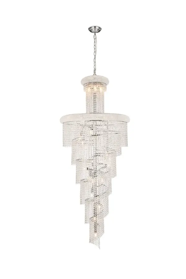 Mesmerizing crystals cascade in a waterfall of glamorous light in the Spiral collection. The magnificent chrome- or gold-spiraled frame is adorned with shimmering elegant-cut, royal-cut, Swarovski Spectra, or Swarovski Elements crystal strands. Bring glistening light to your foyer, living room, or dining room with a Spiral hanging fixture. Collection: Spiral Rooms: Dining room, Living room, Bedroom, Bathroom, Entry Way, Finish: Chrome Crystal: clear Notes: Royal Cut Crystal (Clear) Width: 30.00" Height: 72.00" Length: 30.00" Weight: 94.00 lb Chain: 60"Chrome Wire: 141.73" Clear Canopy: 5.9"x1.5" Number of Bulbs: 28 Maximum Wattage: 40.00 W Bulb Type: B10 Bulb Base: E12 Dimmable Voltage: 110.00 V Material: Steel and Crystal Country of Origin: China Safety Listing: ETL Safety Rating: UL,ULC Title 20 Title 24 Manufacturer Warranty: 1 year limited