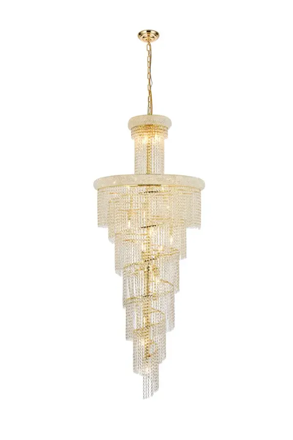 Mesmerizing crystals cascade in a waterfall of glamorous light in the Spiral collection. The magnificent chrome- or gold-spiraled frame is adorned with shimmering elegant-cut, royal-cut, Swarovski Spectra, or Swarovski Elements crystal strands. Bring glistening light to your foyer, living room, or dining room with a Spiral hanging fixture. Collection: Spiral Rooms: Dining room, Living room, Bedroom, Bathroom, Entry Way, Finish: Gold Crystal: clear Notes: Royal Cut Crystal (Clear) Width: 30.00" Height: 72.00" Length: 30.00" Weight: 94.00 lb Chain: 60"Gold Wire: 141.73" Gold Canopy: 5.9"x1.5" Number of Bulbs: 28 Maximum Wattage: 40.00 W Bulb Type: B10 Bulb Base: E12 Dimmable Voltage: 110.00 V Material: Steel and Crystal Country of Origin: China Safety Listing: ETL Safety Rating: UL,ULC Title 20 Title 24 Manufacturer Warranty: 1 year limited