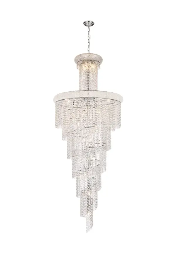 Mesmerizing crystals cascade in a waterfall of glamorous light in the Spiral collection. The magnificent chrome- or gold-spiraled frame is adorned with shimmering elegant-cut, royal-cut, Swarovski Spectra, or Swarovski Elements crystal strands. Bring glistening light to your foyer, living room, or dining room with a Spiral hanging fixture. Collection: Spiral Rooms: Dining room, Living room, Bedroom, Bathroom, Entry Way, Finish: Chrome Crystal: clear Notes: Royal Cut Crystal (Clear) Width: 36.00" Height: 86.00" Length: 36.00" Weight: 105.00 lb Chain: 60"Chrome Wire: 141.73" Clear Canopy: 5.9"x1.5" Number of Bulbs: 32 Maximum Wattage: 40.00 W Bulb Type: B10 Bulb Base: E12 Dimmable Voltage: 110.00 V Material: Steel and Crystal Country of Origin: China Safety Listing: ETL Safety Rating: UL,ULC Title 20 Title 24 Manufacturer Warranty: 1 year limited
