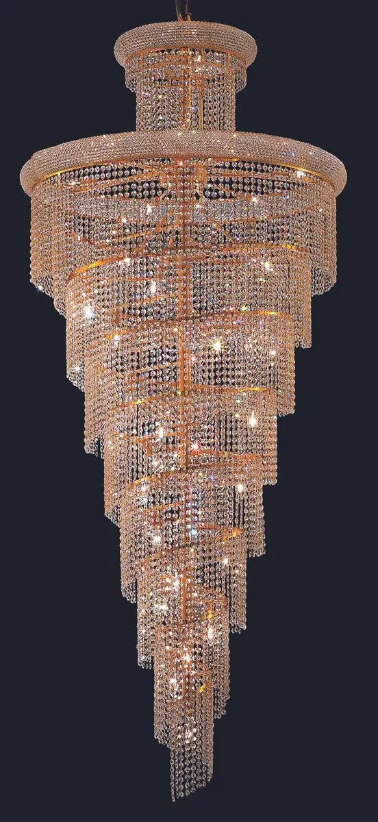 Mesmerizing crystals cascade in a waterfall of glamorous light in the Spiral collection. The magnificent chrome- or gold-spiraled frame is adorned with shimmering elegant-cut, royal-cut, Swarovski Spectra, or Swarovski Elements crystal strands. Bring glistening light to your foyer, living room, or dining room with a Spiral hanging fixture. Collection: Spiral Rooms: Dining room, Living room, Bedroom, Bathroom, Entry Way, Finish: Gold Crystal: clear Notes: Royal Cut Crystal (Clear) Width: 36.00" Height: 86.00" Length: 36.00" Weight: 105.00 lb Chain: 60"Gold Wire: 141.73" Gold Canopy: 5.9"x1.5" Number of Bulbs: 32 Maximum Wattage: 40.00 W Bulb Type: B10 Bulb Base: E12 Dimmable Voltage: 110.00 V Material: Steel and Crystal Country of Origin: China Safety Listing: ETL Safety Rating: UL,ULC Title 20 Title 24 Manufacturer Warranty: 1 year limited