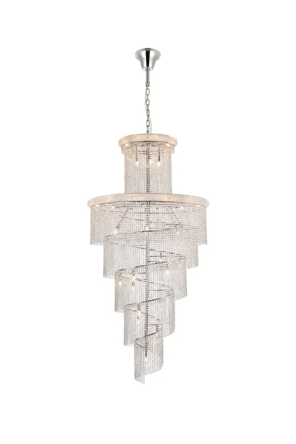 Mesmerizing crystals cascade in a waterfall of glamorous light in the Spiral collection. The magnificent chrome- or gold-spiraled frame is adorned with shimmering elegant-cut, royal-cut, Swarovski Spectra, or Swarovski Elements crystal strands. Bring glistening light to your foyer, living room, or dining room with a Spiral hanging fixture. Collection: Spiral Rooms: Dining room, Living room, Bedroom, Bathroom, Entry Way, Finish: Chrome Crystal: clear Notes: Royal Cut Crystal (Clear) Width: 48.00" Height: 96.00" Length: 48.00" Weight: 223.00 lb Chain: 60"Chrome Wire: 141.73" Clear Canopy: 7.87"x5.7" Number of Bulbs: 41 Maximum Wattage: 40.00 W Bulb Type: B10 Bulb Base: E12 Dimmable Voltage: 110.00 V Material: Steel and Crystal Country of Origin: China Safety Listing: ETL Safety Rating: UL,ULC Title 20 Title 24 Manufacturer Warranty: 1 year limited