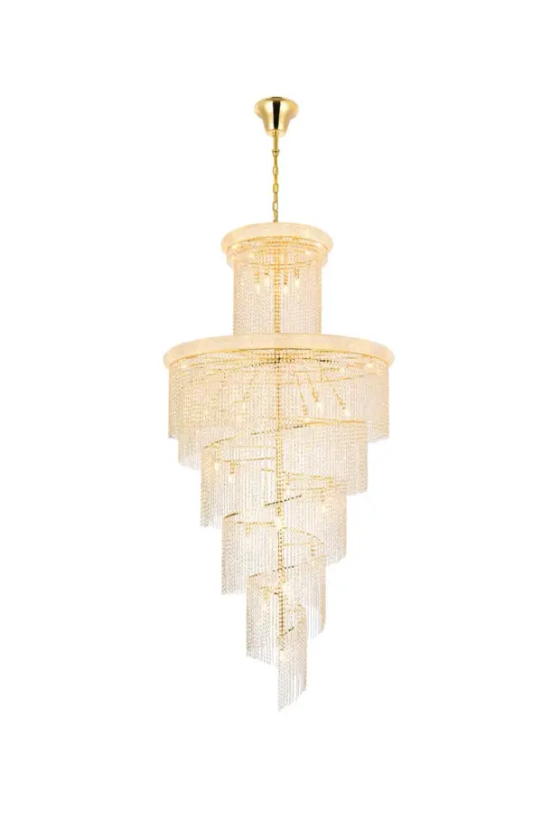 Mesmerizing crystals cascade in a waterfall of glamorous light in the Spiral collection. The magnificent chrome- or gold-spiraled frame is adorned with shimmering elegant-cut, royal-cut, Swarovski Spectra, or Swarovski Elements crystal strands. Bring glistening light to your foyer, living room, or dining room with a Spiral hanging fixture. Collection: Spiral Rooms: Dining room, Living room, Bedroom, Bathroom, Entry Way, Finish: Gold Crystal: clear Notes: Royal Cut Crystal (Clear) Width: 48.00" Height: 96.00" Length: 48.00" Weight: 223.00 lb Chain: 60"Gold Wire: 141.73" Gold Canopy: 7.87"x5.7" Number of Bulbs: 41 Maximum Wattage: 40.00 W Bulb Type: B10 Bulb Base: E12 Dimmable Voltage: 110.00 V Material: Steel and Crystal Country of Origin: China Safety Listing: ETL Safety Rating: UL,ULC Title 20 Title 24 Manufacturer Warranty: 1 year limited
