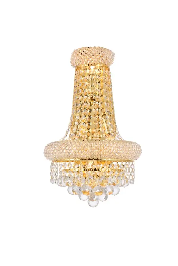 "Primo" means "first" in Italian, and the Primo wall sconces live up to their name as the top choice in classic, dramatic lighting. The gentle bell-shaped design adds graceful elegance to brighten any area of your home. A small ring on top, encrusted with crystals, holds strands of crystal octagons that flow outward to the larger bottom ring, laden with more crystals. Below that, this shimmering fixture culminates in descending layers of crystal octagons, balls, or drops, which come together with a Single ball at the bottom. Collection: Primo Rooms: Hallway, Living room, Bedroom, Bathroom, Entry Way, Finish: Gold Crystal: clear Notes: Royal Cut Crystal (Clear) Width: 7.00" Height: 17.00" Length: 12.00" Weight: 8.00 lb Extension from Wall: 7.00" Wire: 11.81" Canopy: 6.1``x9.64`` Number of Bulbs: 4 Maximum Wattage: 40.00 W Bulb Type: B10 Bulb Base: E12 Dimmable Voltage: 110.00 V Material: Steel Country of Origin: China Safety Listing: ETL Safety Rating: Damp Title 20 Title 24 Manufacturer Warranty: 1 year limited