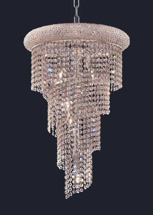 Mesmerizing crystals cascade in a waterfall of glamorous light in the Spiral collection. The magnificent chrome or gold frame is adorned by shimmering elegant-cut, royal-cut, Swarovski Spectra, or Swarovski Elements crystal strands. Bring glistening light to your foyer, living room, dining room, or bedroom with a Spiral hanging fixture. Collection: Spiral Rooms: Dining room, Living room, Bedroom, Bathroom, Entry Way, Finish: Chrome Crystal: clear Notes: Royal Cut Crystal (Clear) Width: 16.00" Height: 26.00" Length: 16.00" Weight: 20.00 lb Chain: 60"Chrome Wire: 141.73" Clear Canopy: 5.3"x1" Number of Bulbs: 8 Maximum Wattage: 40.00 W Bulb Type: B10 Bulb Base: E12 Dimmable Voltage: 110.00 V Material: Steel and Crystal Country of Origin: China Safety Listing: ETL Safety Rating: UL,ULC Title 20 Title 24 Manufacturer Warranty: 1 year limited