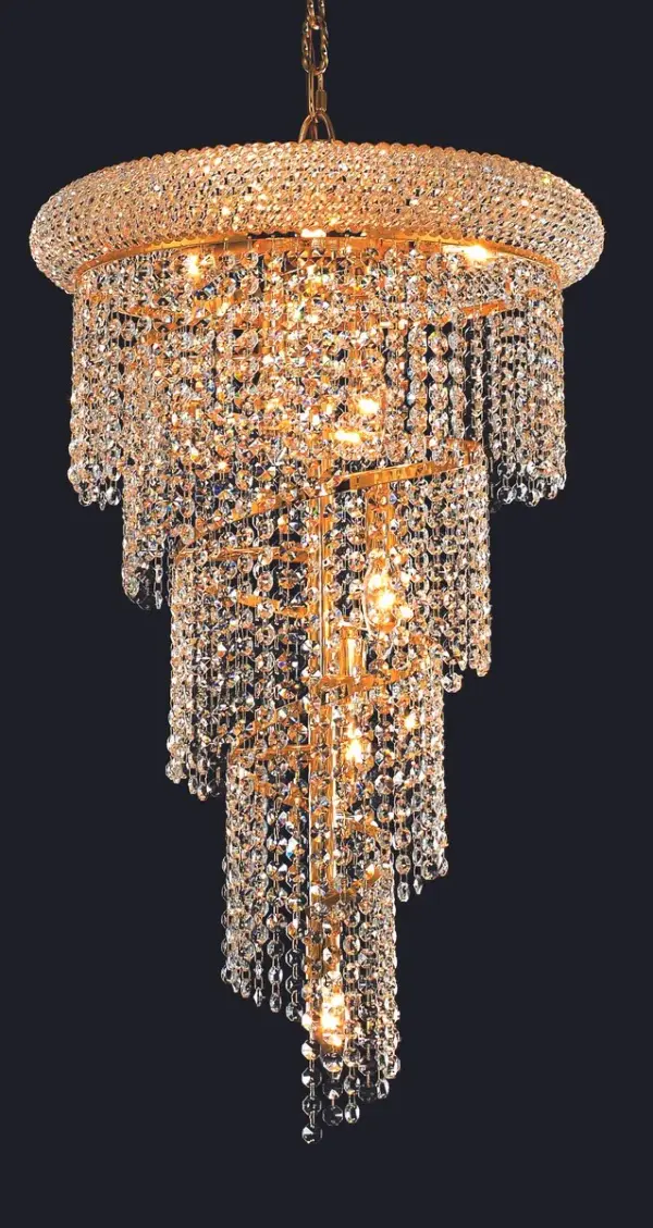 Mesmerizing crystals cascade in a waterfall of glamorous light in the Spiral collection. The magnificent chrome or gold frame is adorned by shimmering elegant-cut, royal-cut, Swarovski Spectra, or Swarovski Elements crystal strands. Bring glistening light to your foyer, living room, dining room, or bedroom with a Spiral hanging fixture. Collection: Spiral Rooms: Dining room, Living room, Bedroom, Bathroom, Entry Way, Finish: Gold Crystal: clear Notes: Royal Cut Crystal (Clear) Width: 16.00" Height: 26.00" Length: 16.00" Weight: 20.00 lb Chain: 60"Gold Wire: 141.73" Gold Canopy: 5.3"x1" Number of Bulbs: 8 Maximum Wattage: 40.00 W Bulb Type: B10 Bulb Base: E12 Dimmable Voltage: 110.00 V Material: Steel and Crystal Country of Origin: China Safety Listing: ETL Safety Rating: UL,ULC Title 20 Title 24 Manufacturer Warranty: 1 year limited