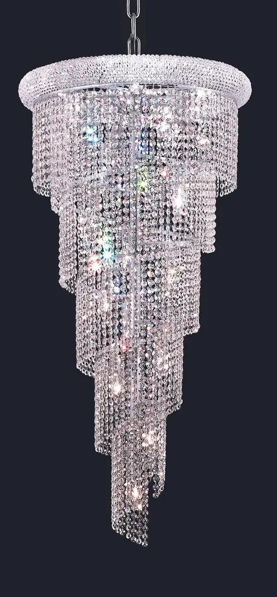 Mesmerizing crystals cascade in a waterfall of glamorous light in the Spiral collection. The magnificent chrome or gold frame is adorned by shimmering elegant-cut, royal-cut, Swarovski Spectra, or Swarovski Elements crystal strands. Bring glistening light to your foyer, living room, dining room, or bedroom with a Spiral hanging fixture. Collection: Spiral Rooms: Dining room, Living room, Bedroom, Bathroom, Entry Way, Finish: Chrome Crystal: clear Notes: Royal Cut Crystal (Clear) Width: 22.00" Height: 48.00" Length: 22.00" Weight: 42.00 lb Chain: 60"Chrome Wire: 141.73" Clear Canopy: 5.3"x1" Number of Bulbs: 18 Maximum Wattage: 40.00 W Bulb Type: B10 Bulb Base: E12 Dimmable Voltage: 110.00 V Material: Steel and Crystal Country of Origin: China Safety Listing: ETL Safety Rating: UL,ULC Title 20 Title 24 Manufacturer Warranty: 1 year limited