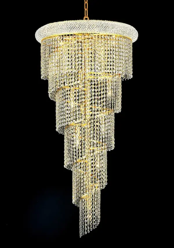 Mesmerizing crystals cascade in a waterfall of glamorous light in the Spiral collection. The magnificent chrome or gold frame is adorned by shimmering elegant-cut, royal-cut, Swarovski Spectra, or Swarovski Elements crystal strands. Bring glistening light to your foyer, living room, dining room, or bedroom with a Spiral hanging fixture. Collection: Spiral Rooms: Dining room, Living room, Bedroom, Bathroom, Entry Way, Finish: Gold Crystal: clear Notes: Royal Cut Crystal (Clear) Width: 22.00" Height: 48.00" Length: 22.00" Weight: 42.00 lb Chain: 60"Gold Wire: 141.73" Gold Canopy: 5.3"x1" Number of Bulbs: 18 Maximum Wattage: 40.00 W Bulb Type: B10 Bulb Base: E12 Dimmable Voltage: 110.00 V Material: Steel and Crystal Country of Origin: China Safety Listing: ETL Safety Rating: UL,ULC Title 20 Title 24 Manufacturer Warranty: 1 year limited
