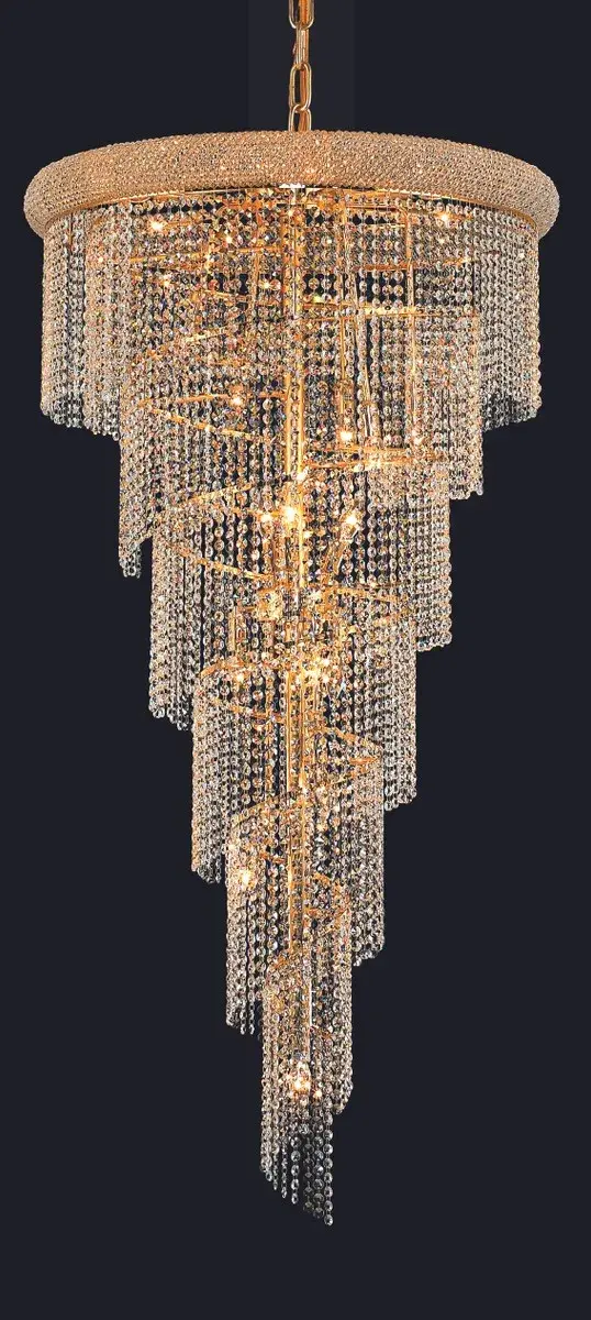 Mesmerizing crystals cascade in a waterfall of glamorous light in the Spiral collection. The magnificent chrome or gold frame is adorned by shimmering elegant-cut, royal-cut, Swarovski Spectra, or Swarovski Elements crystal strands. Bring glistening light to your foyer, living room, dining room, or bedroom with a Spiral hanging fixture. Collection: Spiral Rooms: Dining room, Living room, Bedroom, Bathroom, Entry Way, Finish: Gold Crystal: clear Notes: Royal Cut Crystal (Clear) Width: 30.00" Height: 54.00" Length: 30.00" Weight: 85.00 lb Chain: 60"Gold Wire: 141.73" Gold Canopy: 5.9"x1.5" Number of Bulbs: 22 Maximum Wattage: 40.00 W Bulb Type: B10 Bulb Base: E12 Dimmable Voltage: 110.00 V Material: Steel and Crystal Country of Origin: China Safety Listing: ETL Safety Rating: UL,ULC Title 20 Title 24 Manufacturer Warranty: 1 year limited